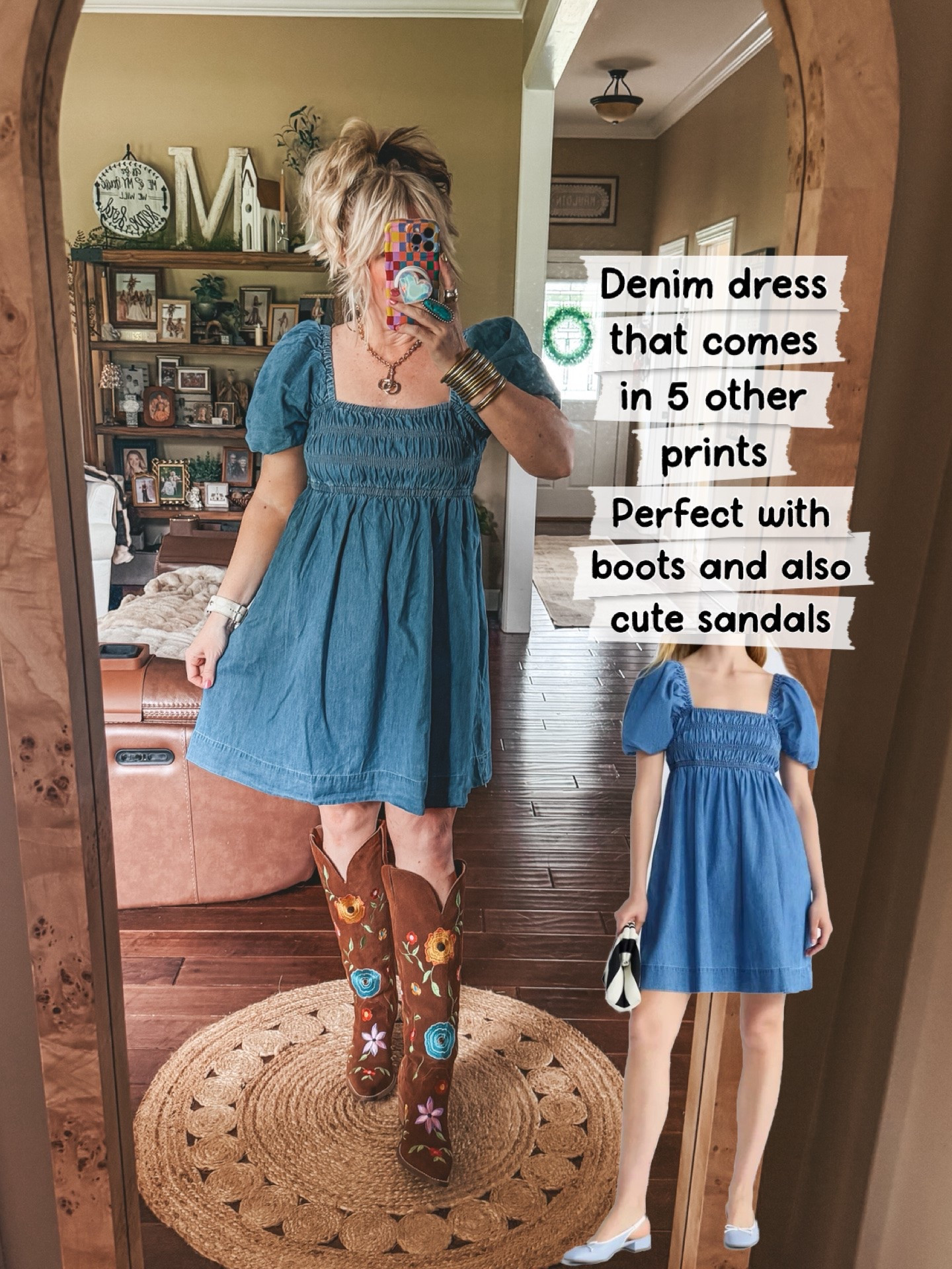 Denim dress that comes in other prints and is so comfy! I’m in a medium. 
Boots are @dingo
✨save with code MANDIE on the necklace 
✨save with code MANDIE20MAULDIN on the ring and earrings.

#LTKootd #LTKOver40