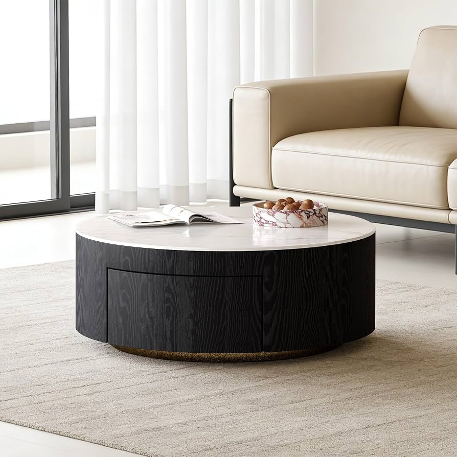 Modern Round Coffee Table with Storage, Faux Marble Top, Black, Living Room | Amazon (US)