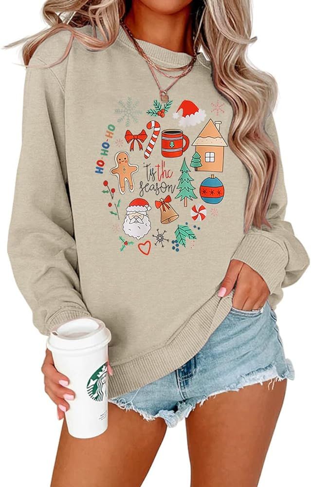 KEKEMI Women Christmas Funny Graphic Sweatshirt Long Sleeve Crewneck Pullover Fall Tops Xmas Tree... | Amazon (US)