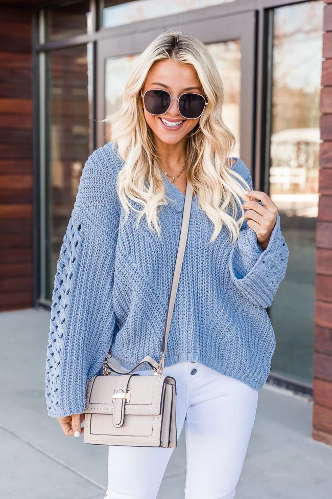 Act Surprised Blue Chenille Open Knit Sleeve Sweater | The Pink Lily Boutique
