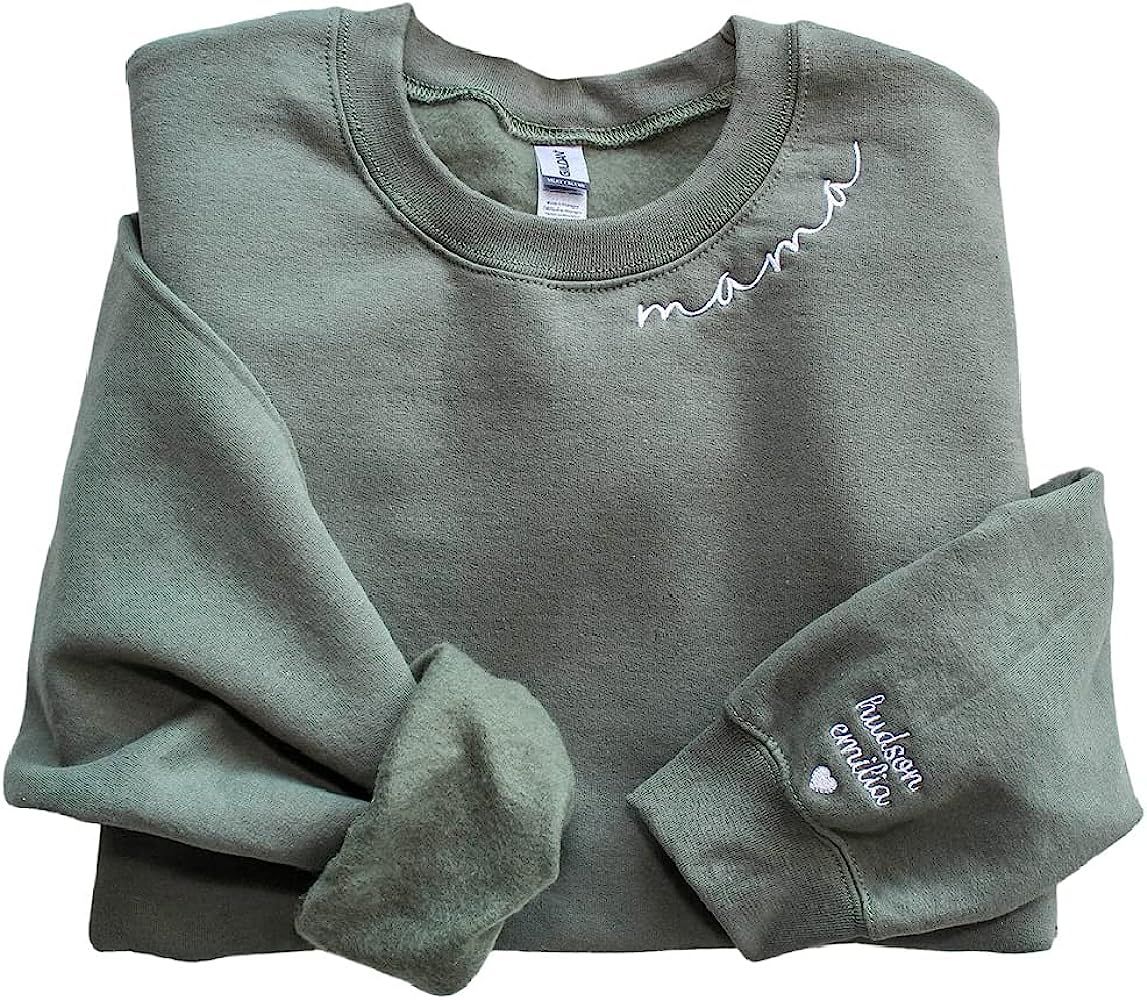 NAZENTI Custom Mama Embroidered Sweatshirt With Kids Names Sleeve-New Mom Gift Personalized, Mama... | Amazon (US)
