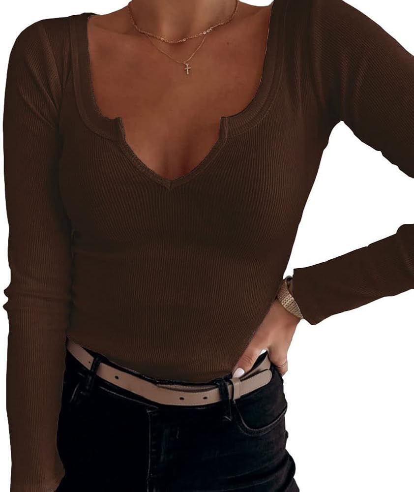 Roselux Women V Neck Ribbed Long Sleeve Shirt Fitted Basic Slim Knit Top | Amazon (CA)