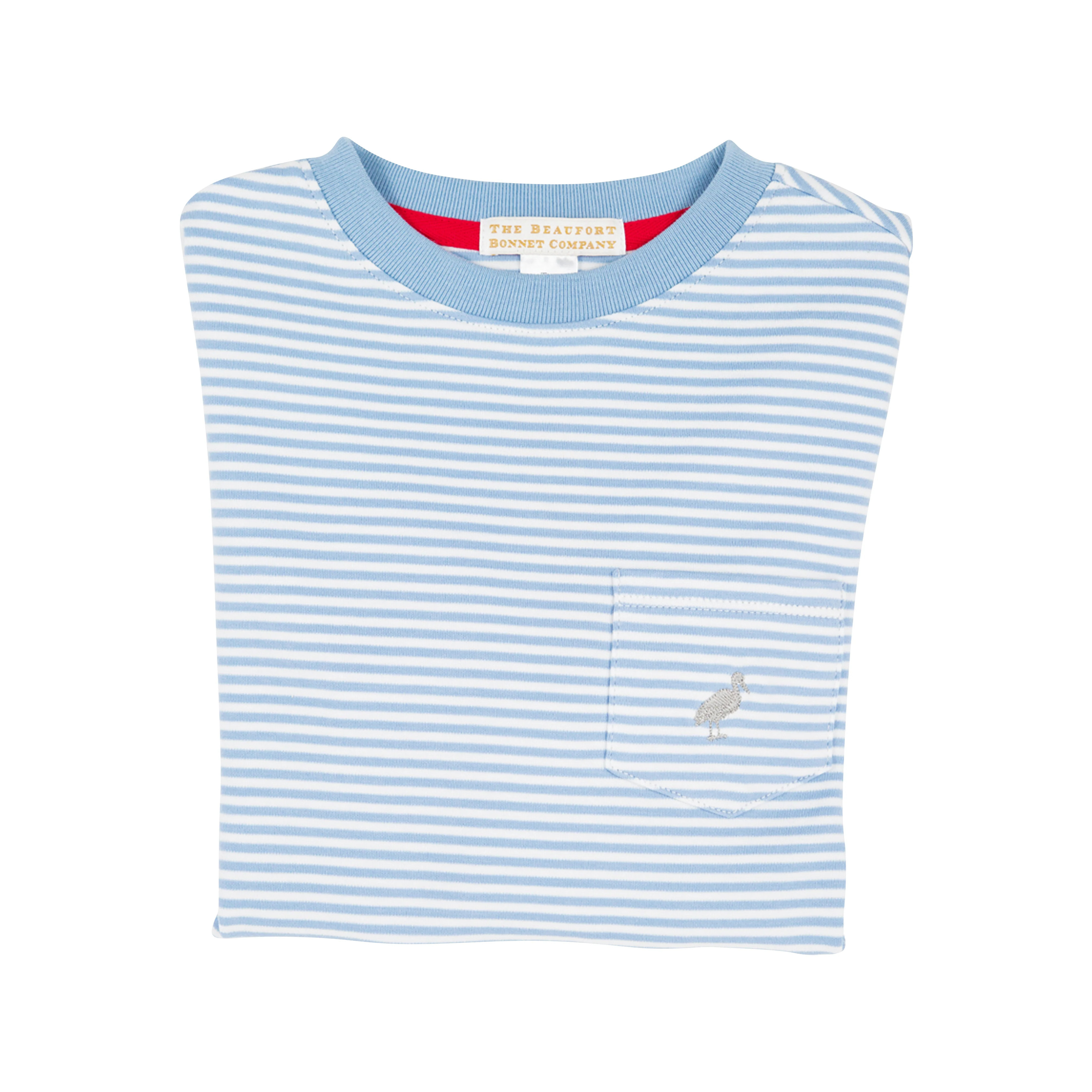 Long Sleeve Carter Crewneck - Barrington Blue Stripe with Grantley Gray Stork | The Beaufort Bonnet Company