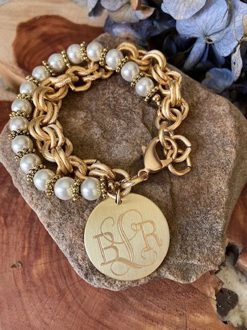 Bracelet, 12K Gold, Pearl, Engraved, Wedding, Mother, Monogrammed, kathy's Pearl Bracelet, Gold -... | Etsy (US)