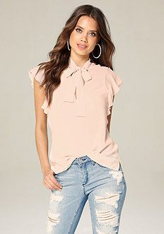 Ruffle Sleeve Tie Neck Top | Bebe (Global)