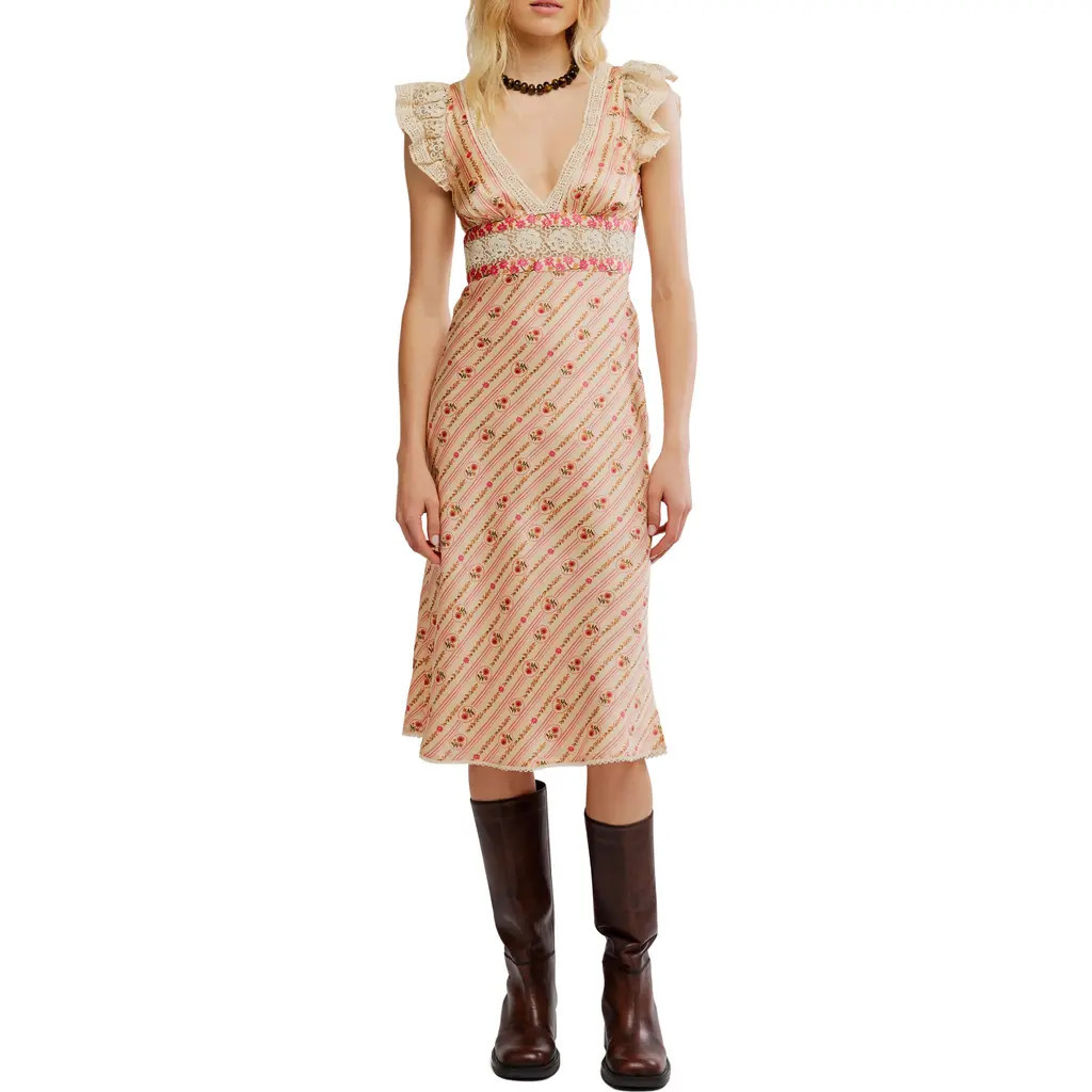 Free People Bali Belle Floral Ruffle Satin Midi Dress in Soft Pink at Nordstrom Rack, Size Medium | Nordstrom Rack