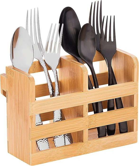 Bamboo Utensil Holder for Dish Rack - Flatware, Cutlery & Utensil Drying Caddy with Hooks - Fits ... | Amazon (US)