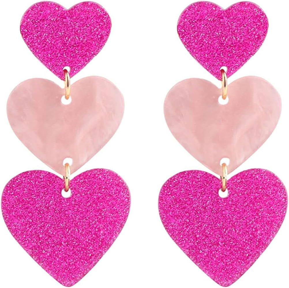 coadipress Acrylic Love Heart Earrings for Women Unique Lightweight Geometric Resin Three Pink He... | Amazon (US)