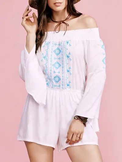 Off The Shoulder Flare Sleeve Embroidery Romper | ZAFUL (Global)