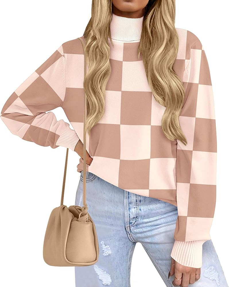 KIRUNDO Women's 2023 Fall Winter Turtleneck Knitted Sweater Long Sleeve Striped Color Block Loose... | Amazon (US)