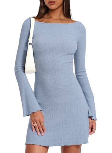 Darong Boat Neck Mini Dress Bell Long Sleeve 9240 Blue M | Amazon (US)
