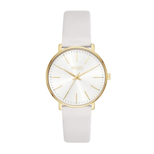 BUREI Women Wrist Watches Fashion Minimalist Analog Leather Quartz Waterproof Watches for Women (White/Gold/White) | Amazon (US)
