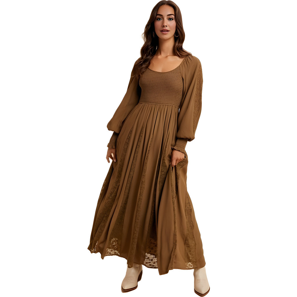 Knit and Lounge Long Sleeve Maxi Dress with Smocked Bodice and Lace Insets in Brown at Nordstrom, Size Large | Nordstrom