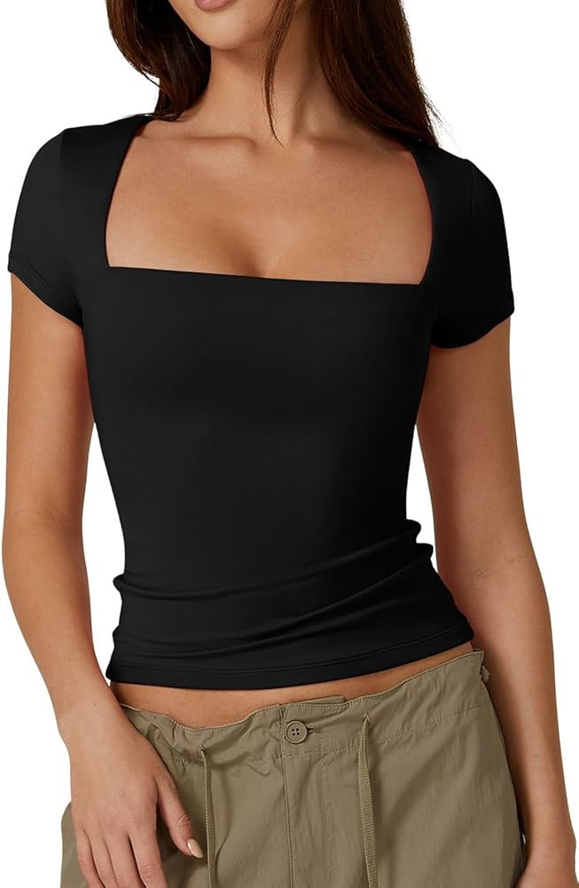 QINSEN Women's Square Neck Short Sleeve T Shirts Double Lined Basic Tee Slim Fit Tops | Amazon (US)