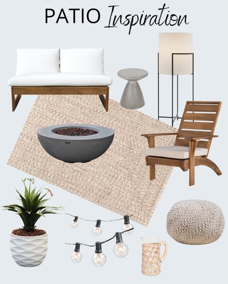 Outdoor patio furniture, sofa, area rug, fire pit, string lights, accent chair, water pitcher, artificial plant, outdoor lamp, ottoman, concrete side table 

#LTKstyletip #LTKSeasonal #LTKhome