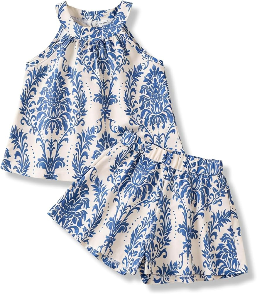 Girls Summer Outfits 2 Piece Halter Neck Floral Sleeveless Top and Short Pants Set Clothes for Ki... | Amazon (US)