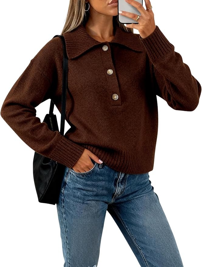 EsheSy Women's Polo Knit Sweater Pullover V Neck Lapel Collar Button Long Sleeve Casual Loose Rib... | Amazon (US)