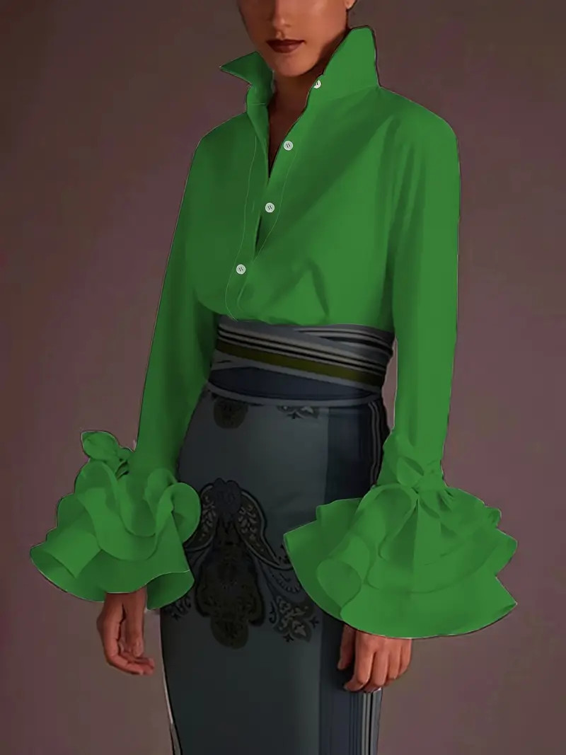 Solid Layered Flare Sleeve Blouse Elegant Single Button - Temu | Temu Affiliate Program