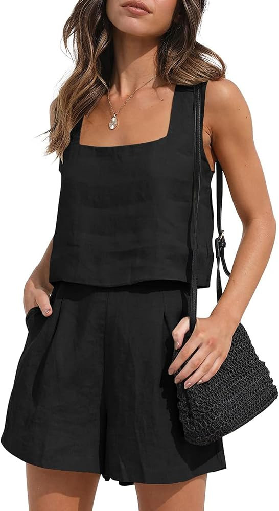 Womens Linen 2 Piece Outfits Lounge Sets sleeveless Tank Tops and High Waist Shorts Summer Vacati... | Amazon (US)