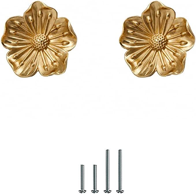UniDes 2 Pack Gold Knobs for Cabinet and Drawer,Solid Brass Kitchen Hardware,Flower Designed Knob... | Amazon (US)