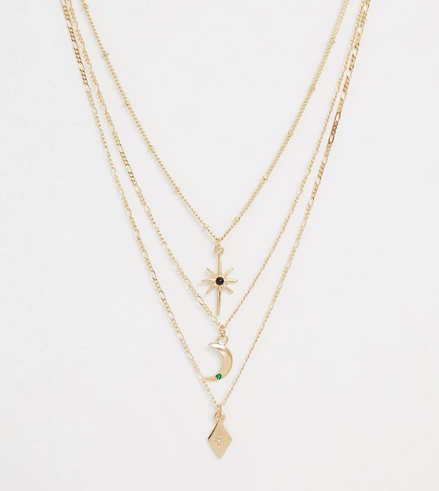 Reclaimed Vintage inspired multirow necklace with stars & moon-Gold | ASOS (Global)