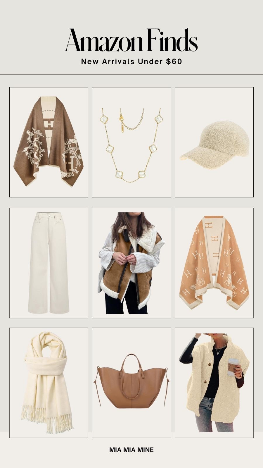 Amazon new arrivals
Designer inspired accessories
Hermes scarf, clover necklace and Sherpa vest 

#LTKSeasonal #LTKOver40 #LTKPetite