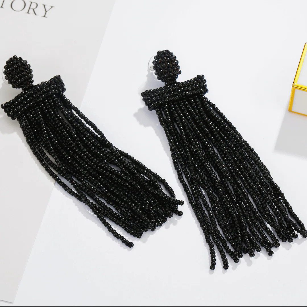 Black/blue/gray Beaded Tassel Earrings, Oscar De La Renta Style, Long Tassel Statement Earrings, ... | Etsy (US)
