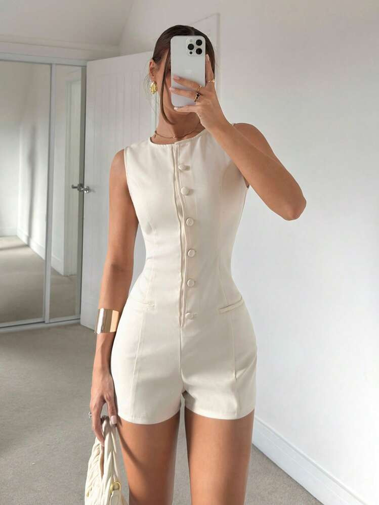 Siren Gaze Women Solid Color Front Button Sleeveless Jumpsuit, Summer Work Outfit,Business Casual... | SHEIN