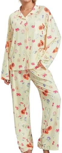 Womens 2 Piece Fruit Floral Pajamas Button Down Pajama Sets Cute Long Sleeve Wide Leg Soft Pjs Lo... | Amazon (US)