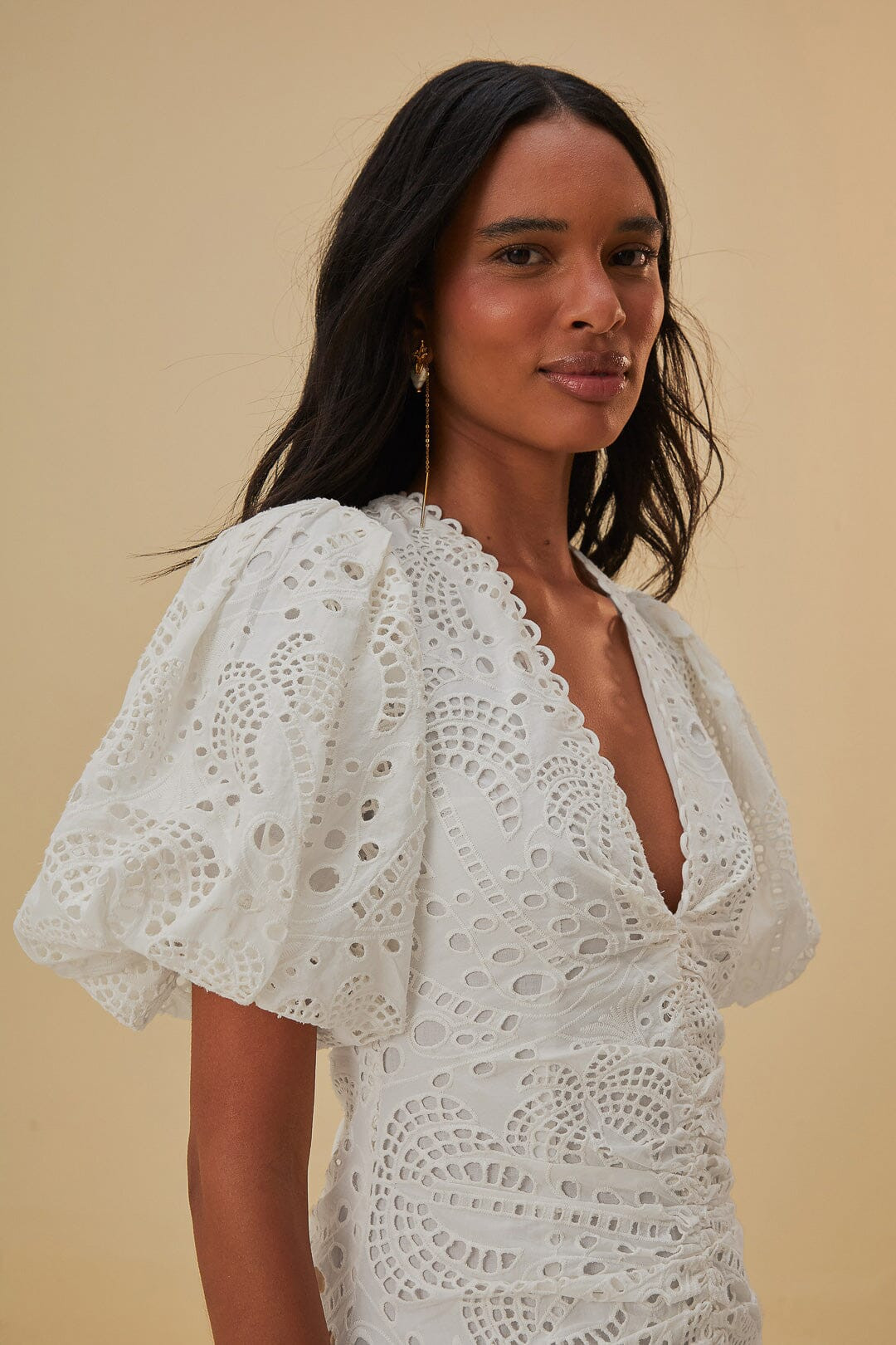 White Cotton Eyelet Puff Sleeve Midi Dress | FarmRio (US)