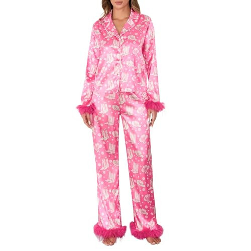 Muineobuka Christmas Pajamas for Women Button Down Shirt and Pants Feather Pajamas Set Satin Silk Christma PJs Loungewear Rose | Amazon (US)
