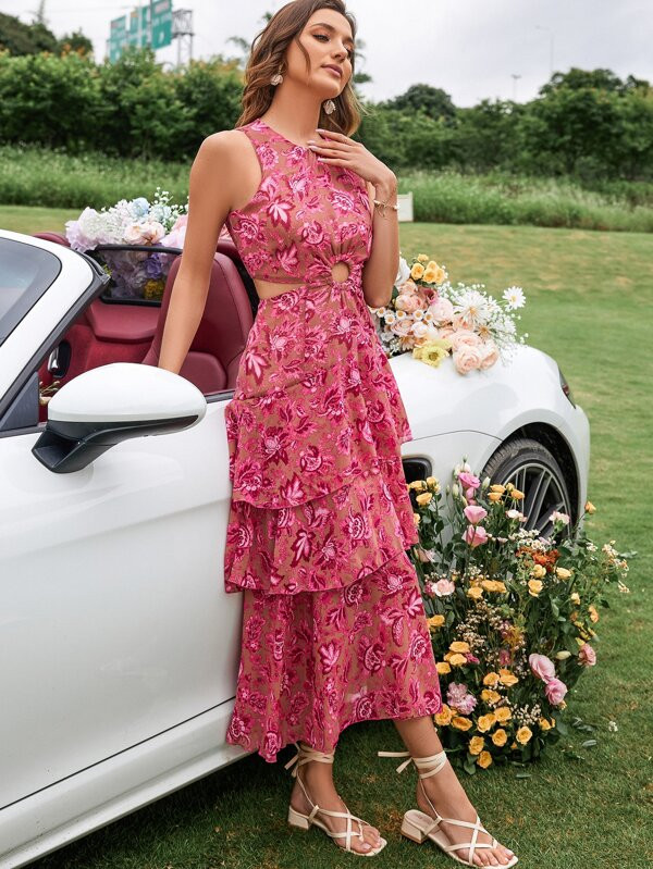 Random Floral Print Ring Linked Cut Out Layered Hem Chiffon Dress
   SKU: sw2204220108080850     ... | SHEIN