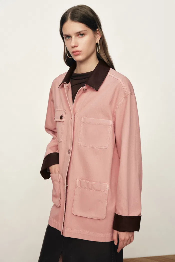 Telmo Dusty Pink Leather Collar Patch Pocket Jacket in Cotton Denim | Fabrique