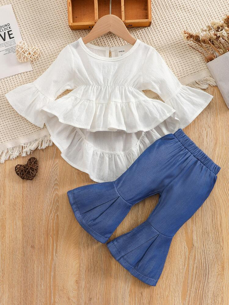 Baby Ruffle Hem Flounce Sleeve Blouse & Flare Leg Pants | SHEIN