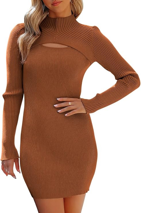 ANRABESS Women's 2023 Fall Long Sleeve Mock Neck Cutout Chest Slim Fit Ribbed Knit Sexy Bodycon M... | Amazon (US)