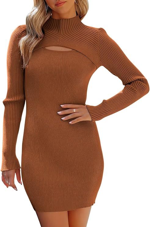 ANRABESS Women's 2023 Fall Long Sleeve Mock Neck Cutout Chest Slim Fit Ribbed Knit Sexy Bodycon M... | Amazon (US)