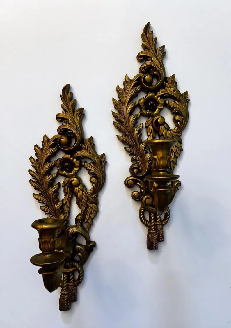 Vintage Pair of Antique Gold Burwood Plastic Wall Mounting Candle Sconces Hollywood Regency Style... | Etsy (US)