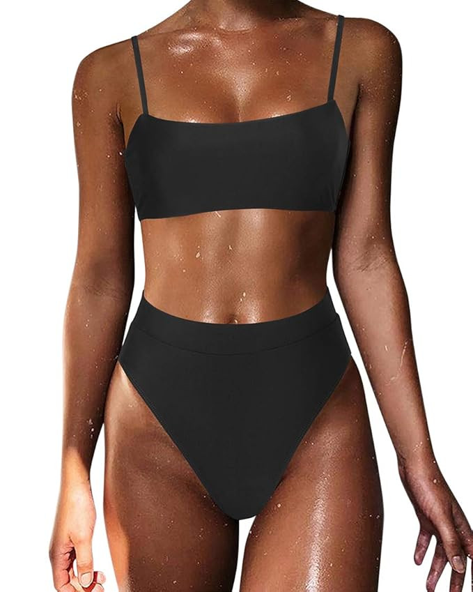 MOSHENGQI Women High Wasited Bikini Shoulder Strap 2 Piece High Cut String Swimsuits | Amazon (US)