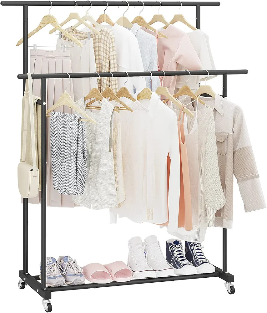 Calmootey Double Rod Clothing Garment Rack,Rolling Hanging Clothes Rack,Portable Clothes Organize... | Amazon (US)