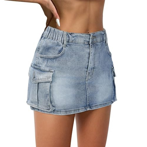 Denim Skirt Mini Skirts for Women Jean Skirt Low Waist Y2k Cargo Skirts with Pockets Light Blue XS | Amazon (US)