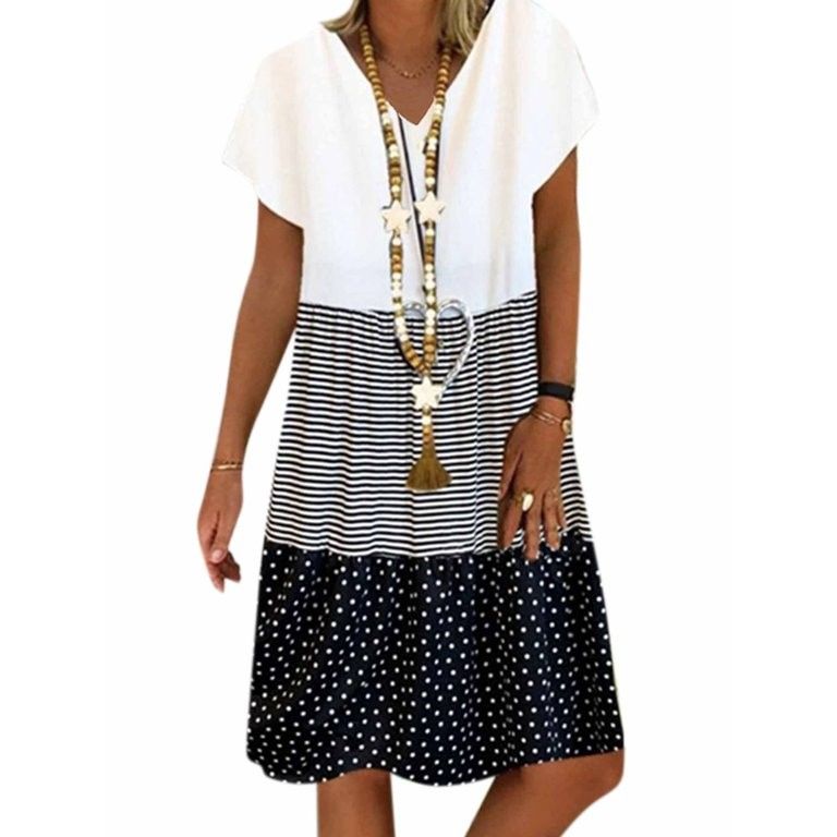 Women Short Sleeve Polka Dot Striped Summer Midi Dress Plus Size Casual Sundress | Walmart (US)