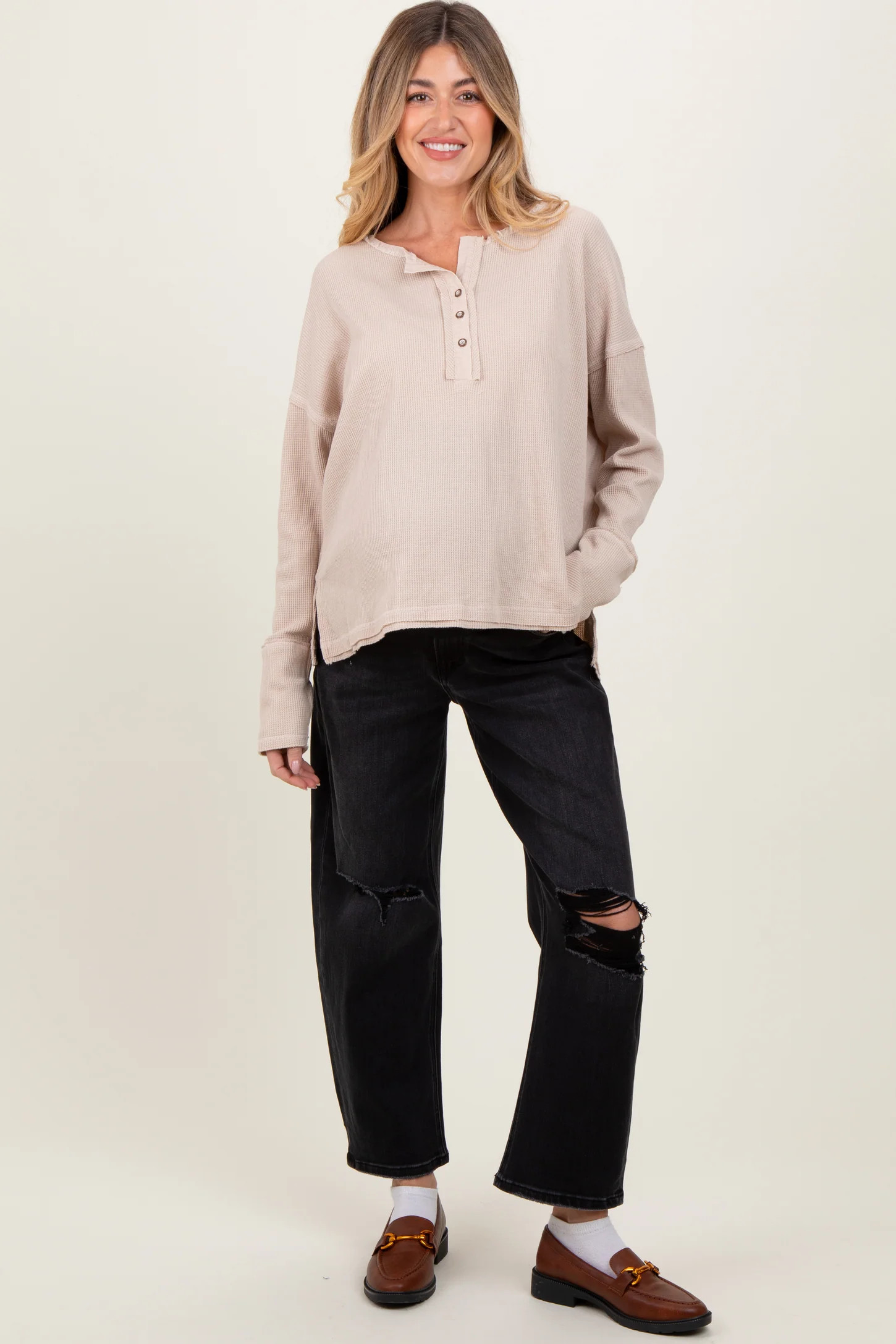 Black Distressed Open Knee Cropped Maternity Barrel Jeans | PinkBlush Maternity