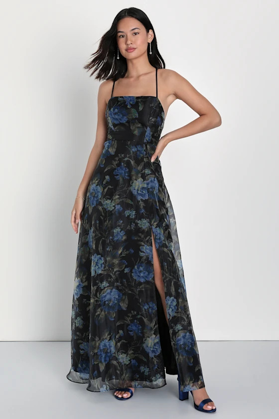 Glamorous Expression Black Floral Organza Lace-Up Maxi Dress | Lulus
