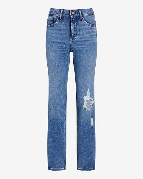 High Waisted Medium Wash Ripped Modern Straight Jeans | Express