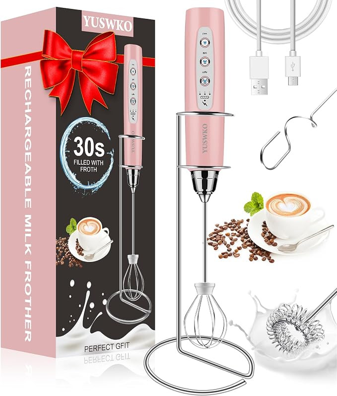 YUSWKO Milk Frother Handheld for Coffee with Stand, Rechargeable Drink Mixer with 3 Heads 3 Speed... | Amazon (US)