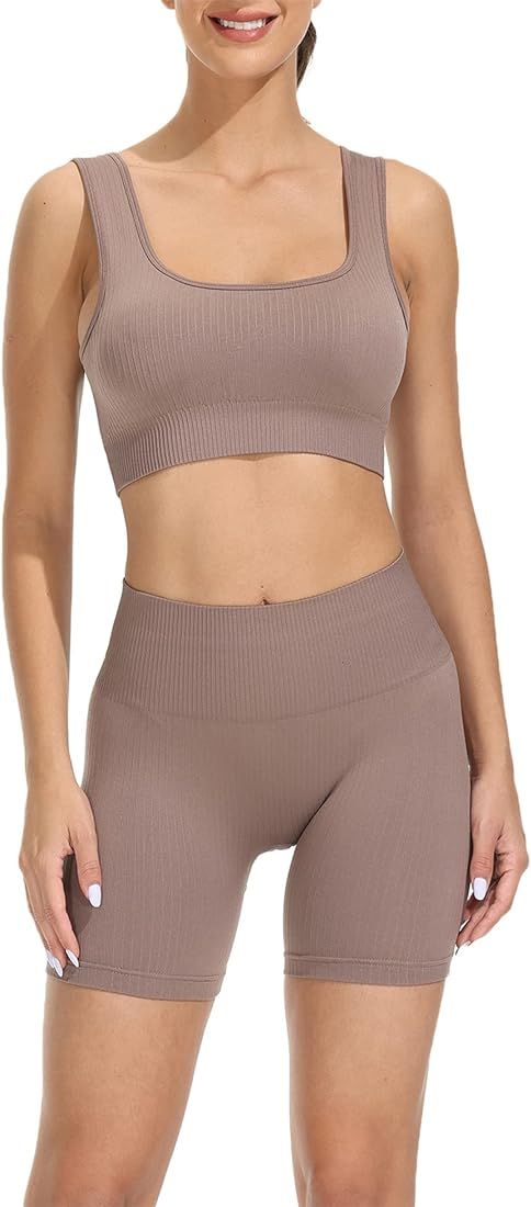 Hotexy Workout Sets for Women Active 2 Pieces Ribbed High Waisted Shorts with Seamless Sports Top Tr | Amazon (US)