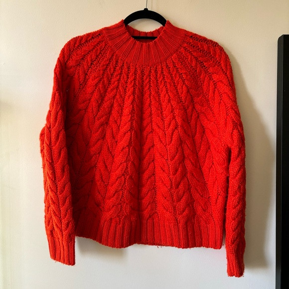 Sezane Diego 100% Merino Wool Cable Knit Sweater Red Orange XS Crewneck Sleeve | Poshmark
