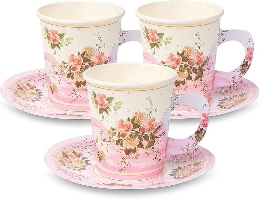 ROYAL BLUEBONNET Paper Tea Cup Set, 24 Disposable Teacups with Handles & Saucers, Floral Design f... | Amazon (US)