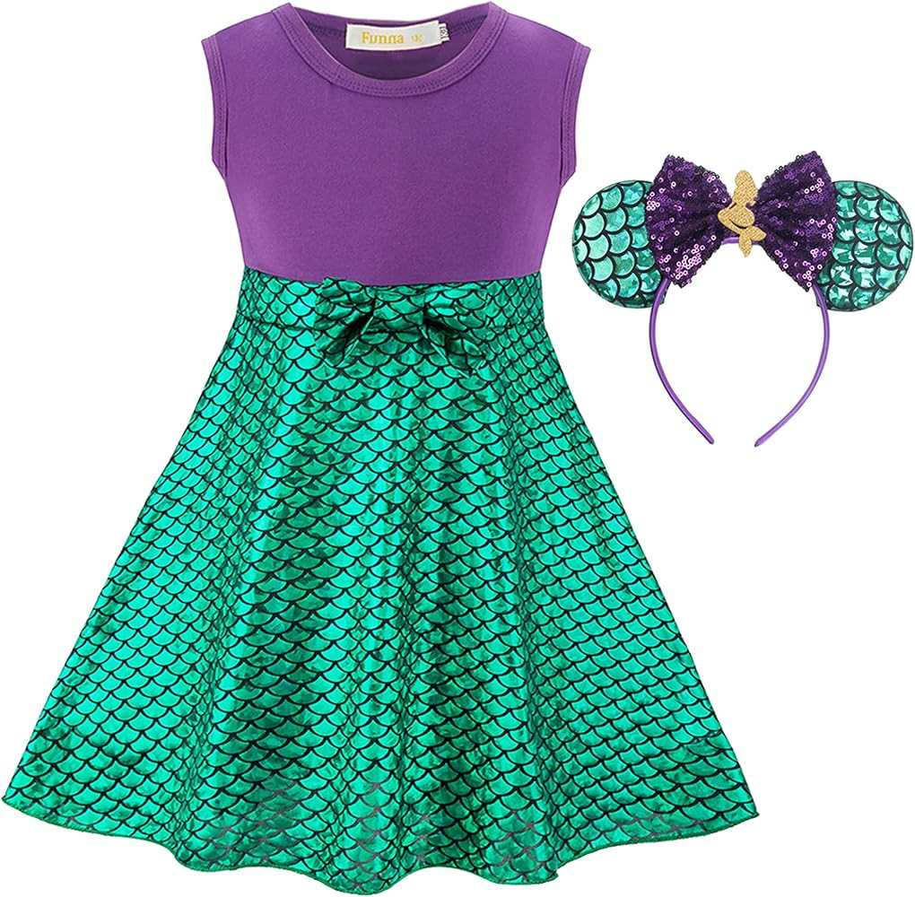 Funna Mermaid Costume for Girls Mommy and Me Princess Dress with Ears Headband | Amazon (US)
