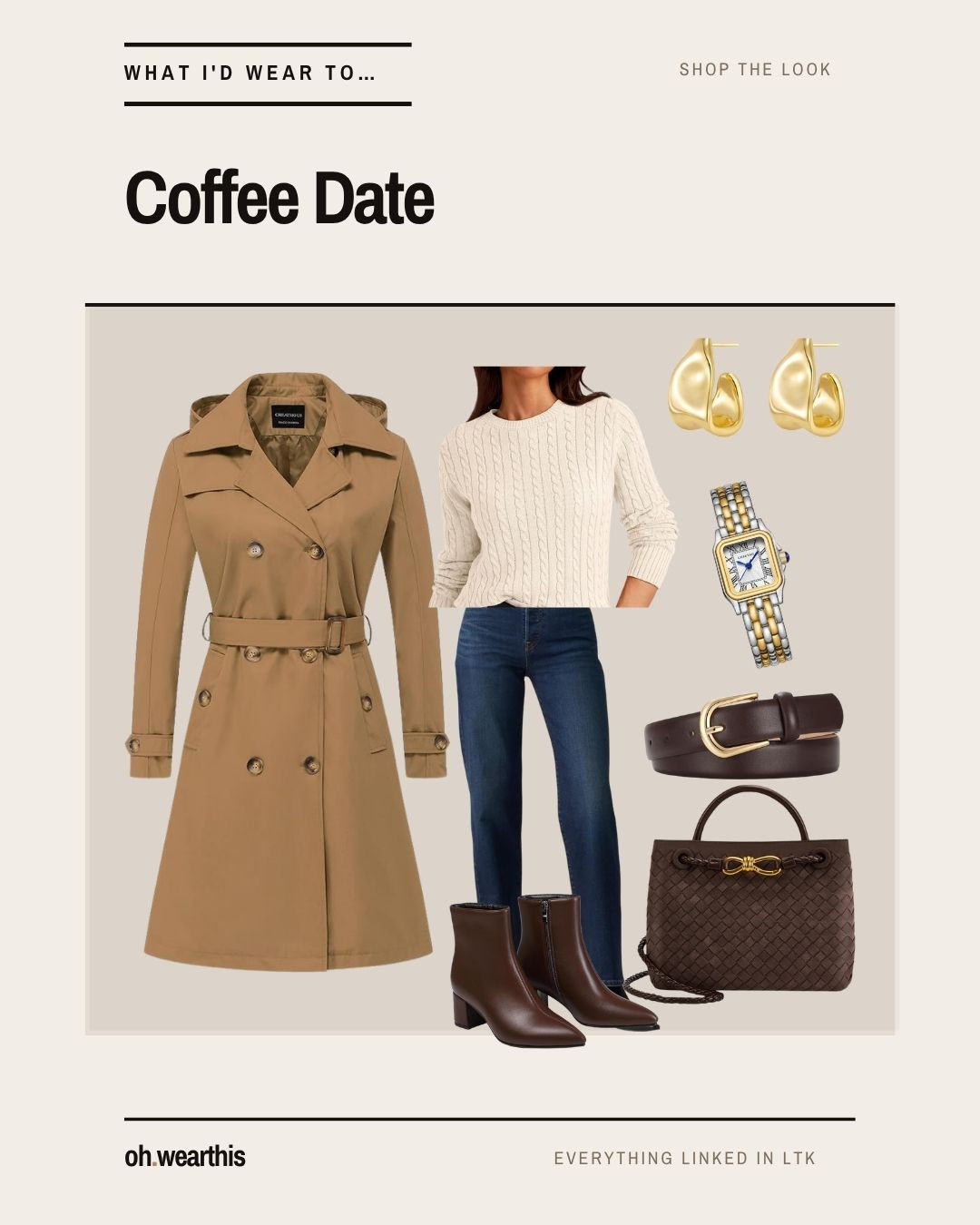 What I'd wear to a coffee date. Camel trench, cream cable knit, straight jeans, brown ankle boots. This is the outfit I'd trust to look put-together without looking like I tried too hard — which is the entire brief for a first coffee.

The trench is why it works. A cable knit and jeans on their own is a nice, unremarkable outfit; the trench over the top is what turns it into a look. It does all the work and you do none — which is exactly what you want when you're thinking about the conversation, not the clothes.

One styling call worth making: keep the whole thing tonal. Camel, cream, brown, one warm brown boot to match the bag and belt. When everything sits in the same family it reads expensive automatically — no contrast, nothing fighting, just one considered brown outfit.

The boot is brown, not black, on purpose. Brown warms the whole thing and ties to the bag; a black boot would break the tonal line and make it look like you grabbed whatever was by the door.

Wear it to coffee, a bookstore afternoon, a walk that turns into lunch, the first cool day you get to wear a coat.

The whole look is linked. I earn a commission when you shop these.

coffee date outfit · trench coat outfit · fall date outfit · cable knit sweater · straight leg jeans · brown ankle boots · tonal brown outfit · fall neutral outfit 

 #LTKootd #LTKmorningroutine #LTKSeasonal